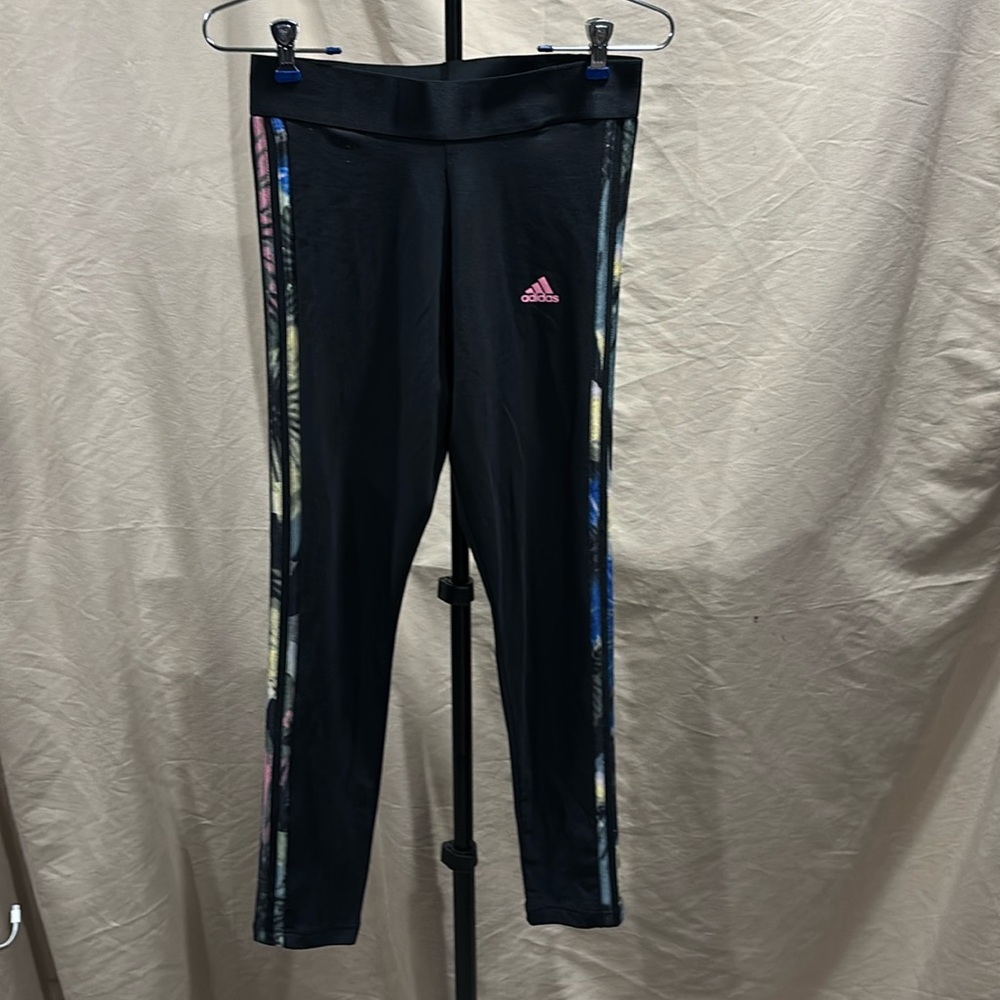Adidas sport leggings, black with multicolor stripes and a pink logo size S